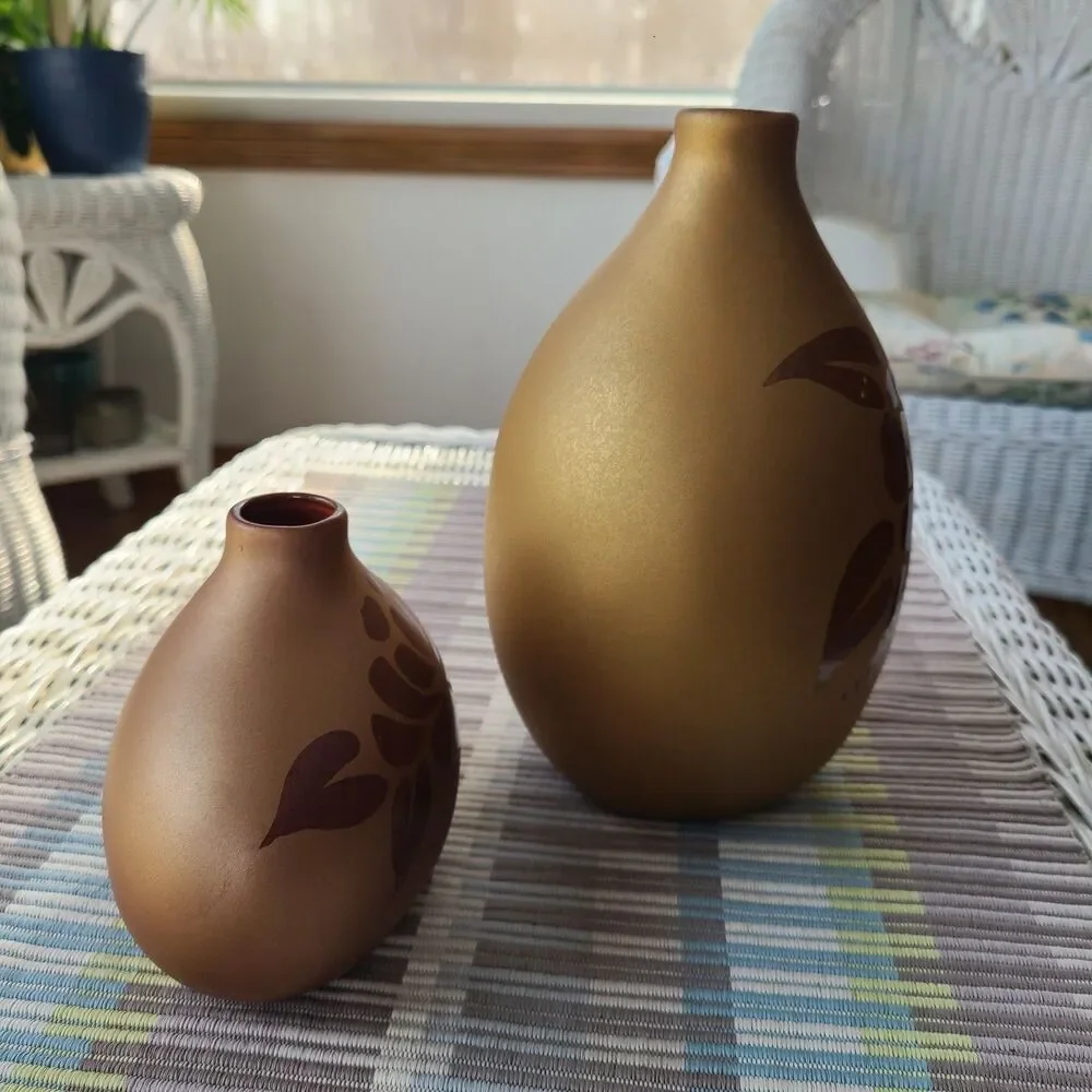 Vintage Matte Bronze On Bronze Slip Cast Pottery Vases With Rose & Leaves Design